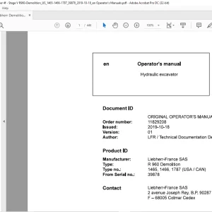 Liebherr R 960 Demolition 1465 1466 1787 (USA / CAN) Hydraulic Excavator Operator's Manual SN 39878 - PDF DOWNLOAD