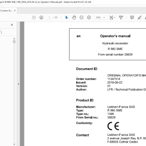Liebherr R 960 SME 1396 Hydraulic Excavator Operator's Manual SN 35629 - PDF DOWNLOAD