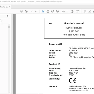 Liebherr R 970 SME 1400 1401 Hydraulic Excavator Operator's Manual SN 37816 - PDF DOWNLOAD