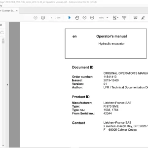 Liebherr R 970 SME 1538 1784 Hydraulic Excavator Operator's Manual SN 42344 - PDF DOWNLOAD