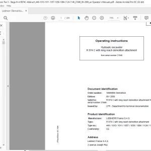Liebherr R 974 C with long reach demolition attachment 449 1010 1011 1057 1058 1084 1124 1146 Hydraulic Excavator Operating Manual SN 21846 - PDF DOWNLOAD