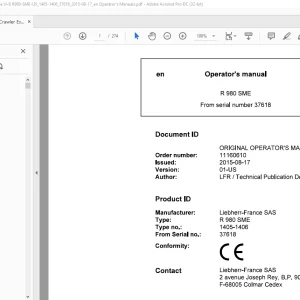 Liebherr R 980 SME 1405 1406 Excavator Operator's Manual SN 37618 - PDF DOWNLOAD