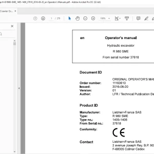 Liebherr R 980 SME 1405 1406 Hydraulic Excavator Operator's Manual SN 37618 - PDF DOWNLOAD