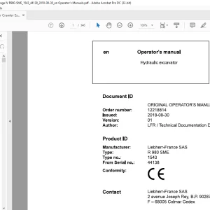 Liebherr R 980 SME 1543 Hydraulic Excavator Operator's Manual SN 44138 - PDF DOWNLOAD