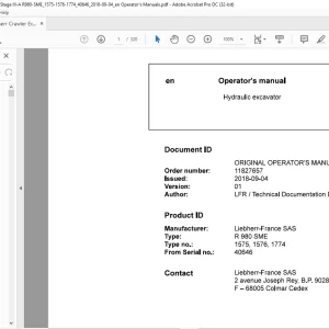 Liebherr R 980 SME 1575 1576 1774 Hydraulic Excavator Operator's Manual SN 40646 - PDF DOWNLOAD