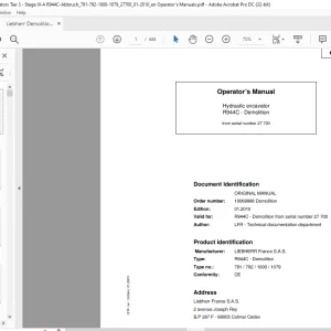 Liebherr R944C-Demolition 791 792 1000 1079 Hydraulic Excavator Operator's Manual 27700 - PDF DOWNLOAD
