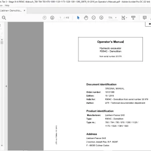 Liebherr R954C-Demolition 780 784 785 976 1090 1120 1175 1328 1381 1390 Hydraulic Excavator Operator's Manual SN 30979
