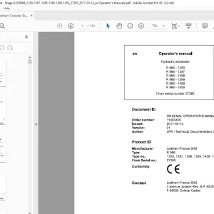 Liebherr R966 1359 1397 1398 1399 1458 1459 Hydraulic Excavator Operator's Manual 37385 - PDF DOWNLOAD