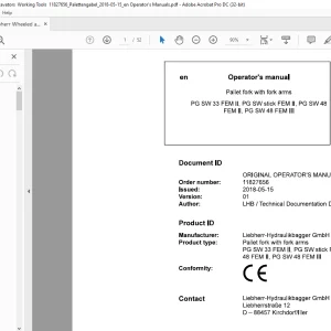 Liebherr Wheel Pallet fork with fork arms PG SW 33 FEM 11, PG SW stick FEM 11, PG SW 48 FEM 11, PG SW 48 FEM Ill  Operator's manual - PDF DOWNLOAD