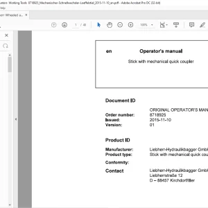 Liebherr Wheeled Stick with mechanical quick coupler Operator's manual -  PDF DOWNLOAD