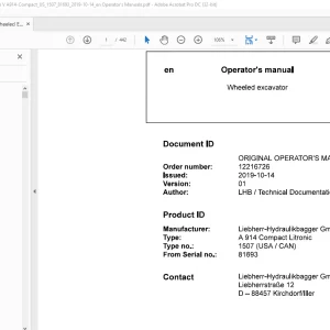 Liebherr Wheeled excavator A 914 Compact Litronic 1507 (USA  CAN) Operator's manual 81693 - PDF DOWNLOAD