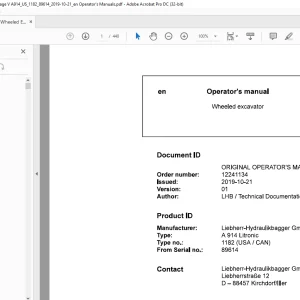 Liebherr Wheeled excavator A 914 Litronic 1182 (USA CAN) Operator's manual SN89614  - PDF DOWNLOAD