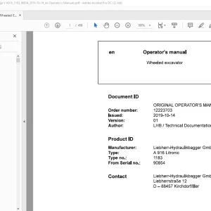 Liebherr Wheeled excavator A 916 Litronic 1183 Operator's manual SN90854 -  PDF DOWNLOAD