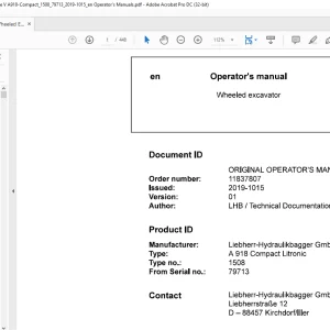 Liebherr Wheeled excavator A 918 Compact Litronic 1508 Operator's manual SN79713 - PDF DOWNLOAD