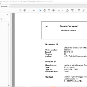Liebherr Wheeled excavator A 918 Litronic 1184 (USA/ CAN) Operator's manual SN75431 -  PDF DOWNLOAD