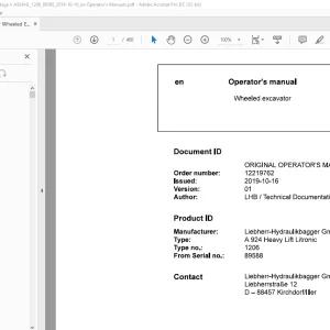 Liebherr Wheeled excavator A 924 Heavy Lift Litronic 1206 Operator's manual SN89588 -  PDF DOWNLOAD
