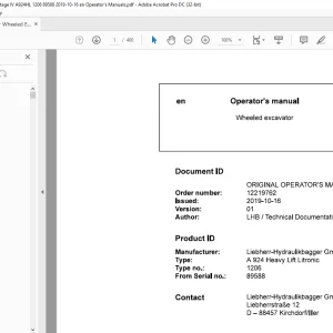 Liebherr Wheeled excavator A 924 Heavy Lift Litronic 1206 Operator's manual SN89588  - PDF DOWNLOAD