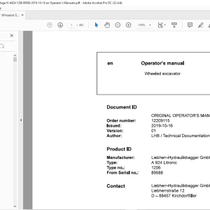 Liebherr Wheeled excavator A 924 Litronic Operator's manual 89588 -  PDF DOWNLOAD