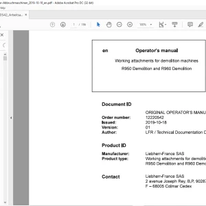 Liebherr Working attachments for demolition machines R950 Demolition and R960 Demolition Operator's manual -  PFD DOWNLOAD