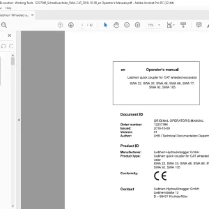 Liebherr quick coupler for CAT wheeled excavator SWA 22, SWA 33, SWA 48, SWA 66, SWA 77,SWA 92, SWA 105 Operator's manual -  PDF DOWNLOAD