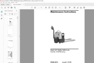 Raymond Forklift 101T Walkie Pallet Truck Maintenance Instruction Manual SN 99-07500 and up - PDF DOWNLOAD