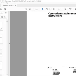 Raymond Forklift 111-F60L 111AT-F60L 112AT-FRE60L 113AT-FRC60L 114AT-TOW Operation & Maintenance Manual SN 6400 and up