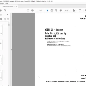 Raymond Forklift 20 Resistor Operation & Maintenance Manual SN 21000 and up - PDF DOWNLOAD