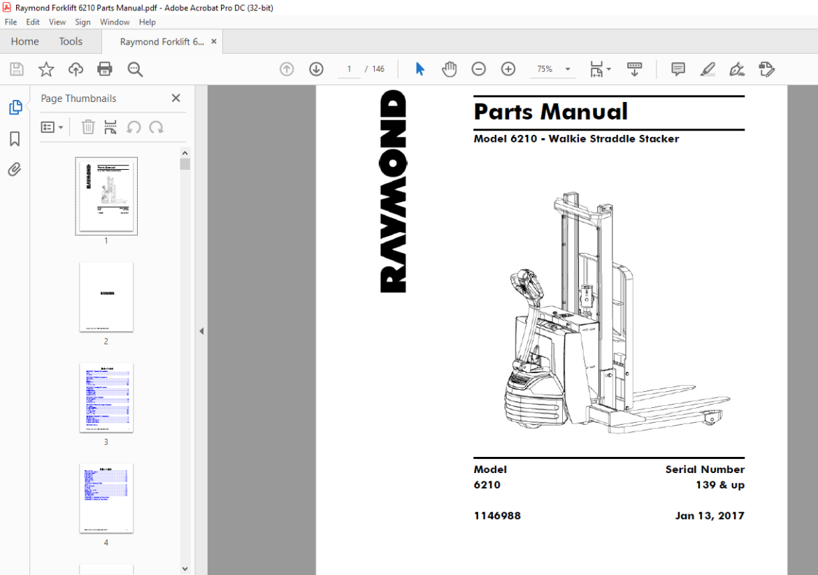 Raymond Forklift 6210 - Walkie Straddle Stacker Parts Manual SN139 & up ...