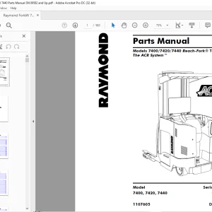 Raymond Forklift 7400 7420 7440 Reach-Fork® Truck With The ACR System™ Parts Manual 1107605 -  PDF DOWNLOAD