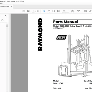 Raymond Forklift 9600 9700 Swing-Reach® Truck With The ACR System™ Parts Manual 100 & up  - PDF DOWNLOAD