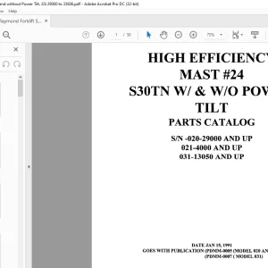 Raymond Forklift S30TN W & W/O POWER TILT PARTS CATALOG MANUAL -  PDF DOWNLOAD
