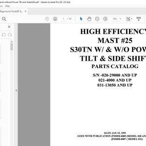 Raymond Forklift S30TN W & WO POWER TILT & SIDE SHIFT PARTS CATALOG MANUAL  - PDF DOWNLOAD