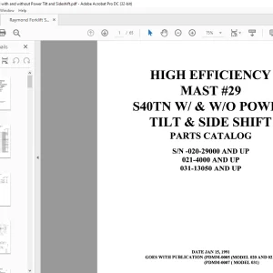 Raymond Forklift S40TN WI & WO POWER TILT & SIDE SHIFT PARTS CATALOG MANUAL -  PDF DOWNLOAD
