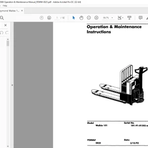 Raymond Forklift Walkie 101 Operation & Maintenance Manual SN 101-91-01302 and up - PDF DOWNLOAD