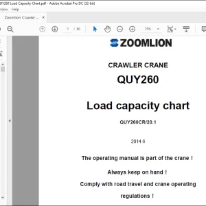 Zoomlion Crawler Crane QUY260 Load Capacity Chart Operating Manual - PDF DOWNLOAD