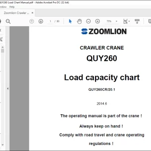 Zoomlion Crawler Crane QUY260 Load Capacity Chart Operating Manual - PDF DOWNLOAD