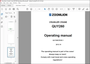 Zoomlion Crawler Crane QUY260 Operating Manual - PDF DOWNLOAD