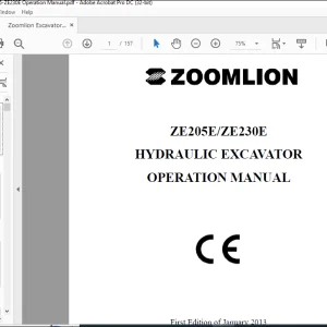 Zoomlion ZE205-ZE230E Hydraulic Excavator Operation Manual - PDF DOWNLOAD