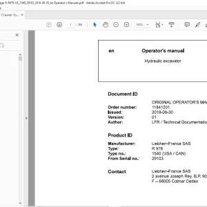 Liebherr Hydraulic excavator R976 1540 (USA / CAN) Operator's manual 29103 -  PDF DOWNLOAD