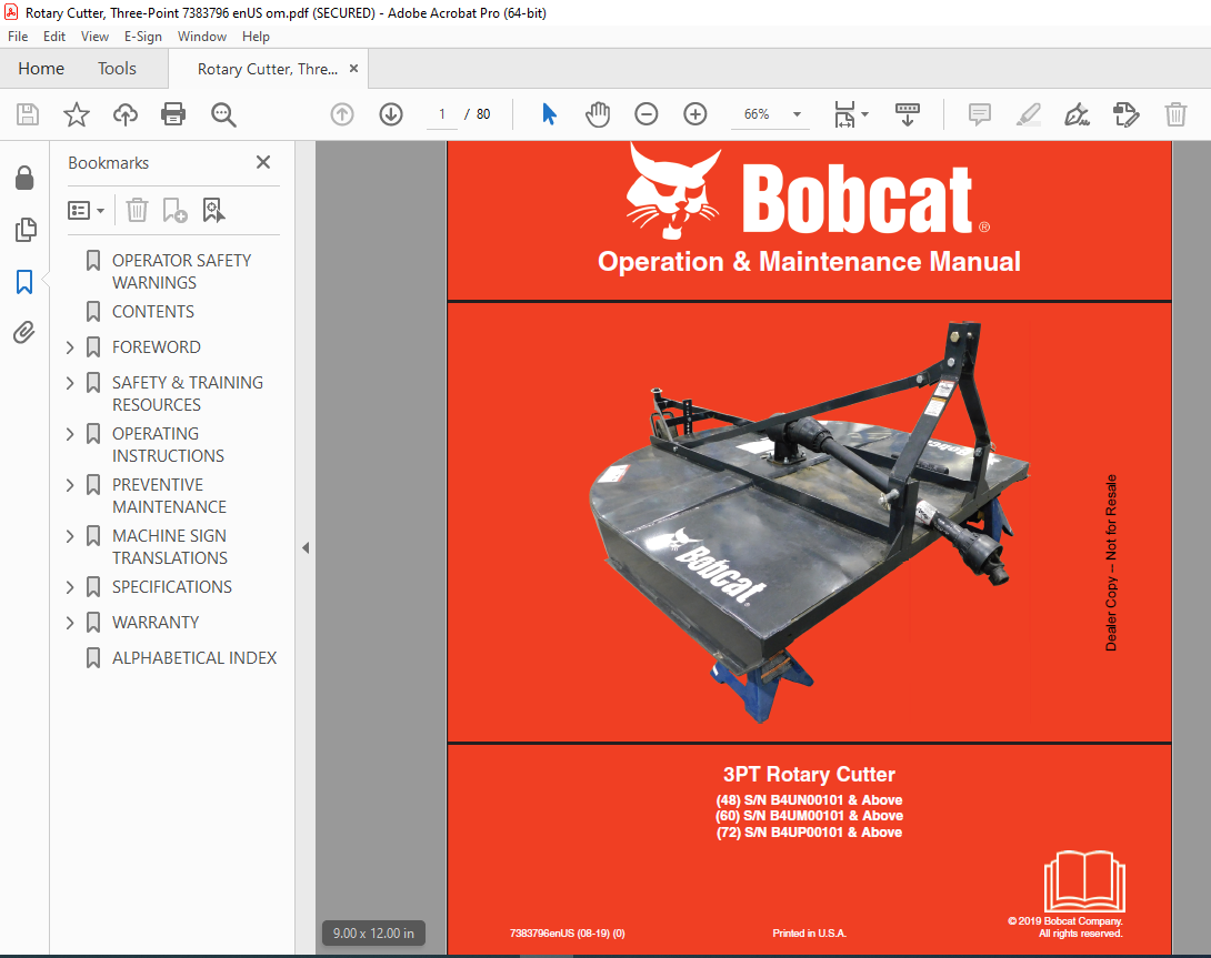 BOBCAT 3PT Rotary Cutter 48 60 72 Operation & Maintenance Manual