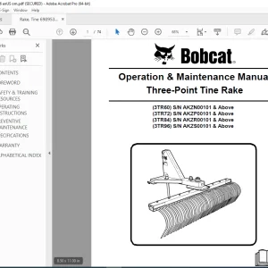 BOBCAT 3TRC60 3TRC72 3TR84 3TR96 Three-Point Tine Rake Operation & Maintenance Manual 6989536 PDF DOWNLOAD