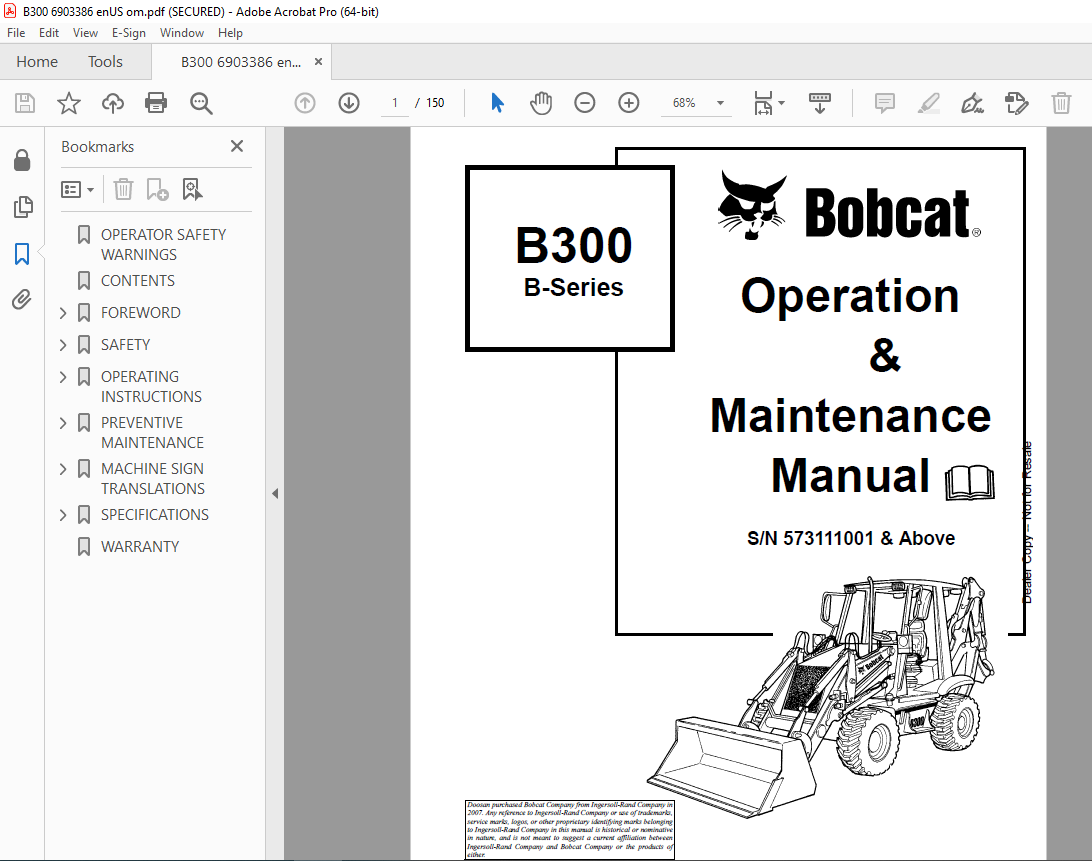 BOBCAT B300 B-Series Backhoe Loader Operation & Maintenance Manual SN ...