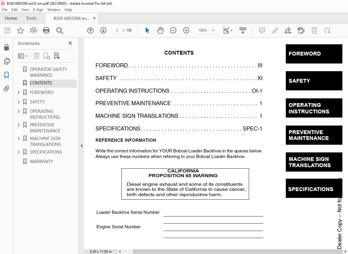 BOBCAT B300 B-Series Backhoe Loader Operation & Maintenance Manual SN ...