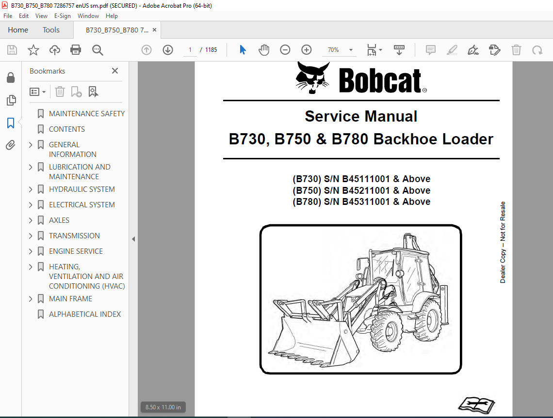 BOBCAT B730 B750 B780 Backhoe Loader Service Manual PDF DOWNLOAD ...