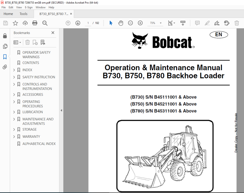 BOBCAT B730 B750 B780 Backhoe Loader Operation & Maintenance Manual ...