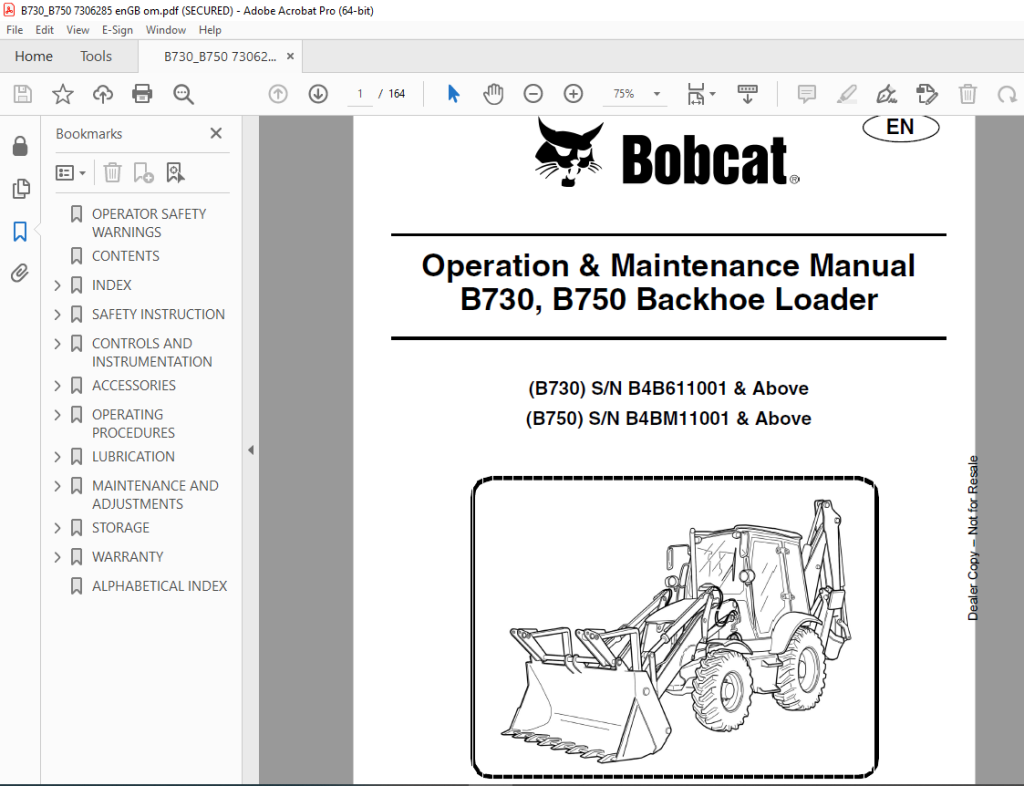 BOBCAT B730 B750 Backhoe Loader Operation & Maintenance Manual 7306285 ...