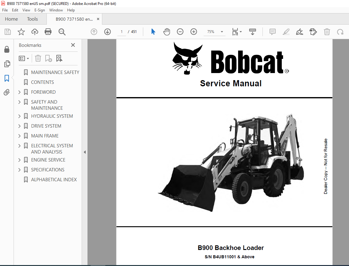 BOBCAT B900 Backhoe Loader Service Manual SN B4UB11001 PDF DOWNLOAD ...