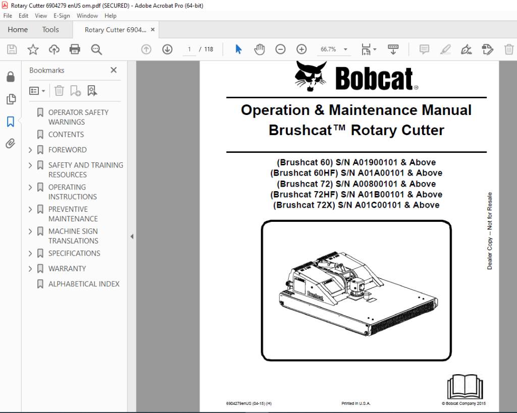 BOBCAT Brushcat™ 60 60HF 72 72HF 72X Rotary Cutter Operation Manual ...