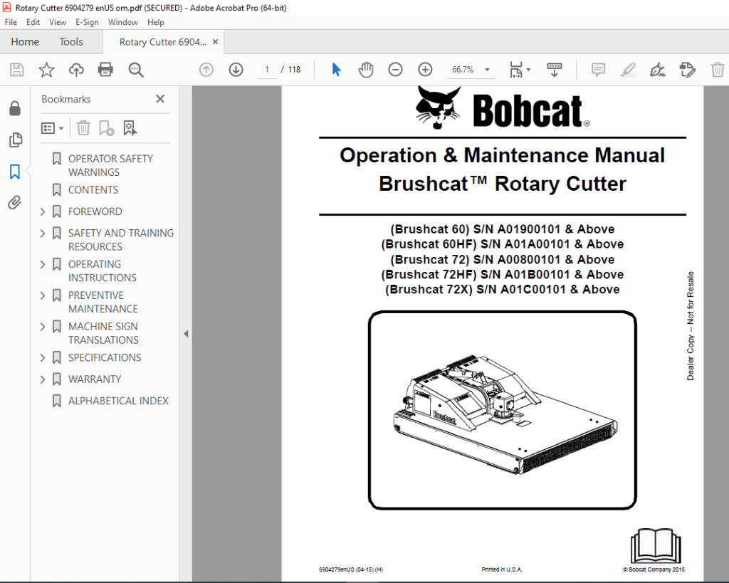 Bobcat Brushcat™ 60 60hf 72 72hf 72x Rotary Cutter Operation Manual 6904279 Pdf Download 2454