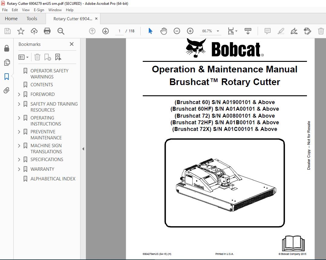 BOBCAT Brushcat™ 60 60HF 72 72HF 72X Rotary Cutter Operation Manual